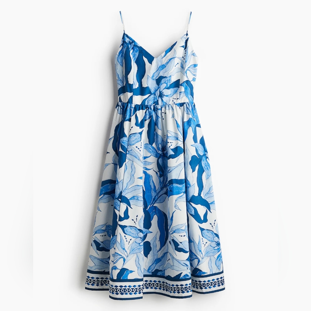 NWT H&M Cotton Midi Slip Dress White/blue/patterned 1278036002 Sizes M, L